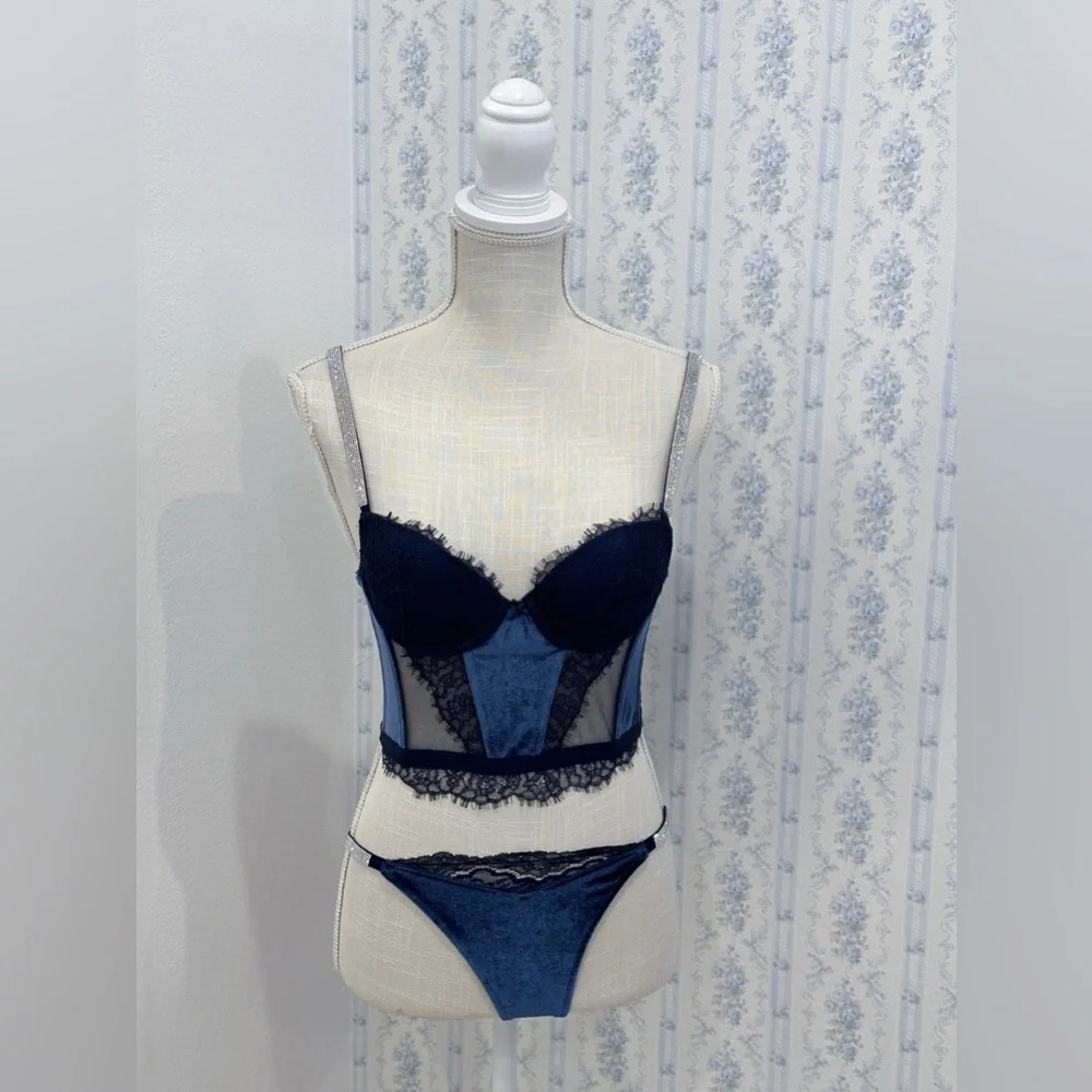 Dark Blue Victoria’s secret shine strap corset bustier cami top set
